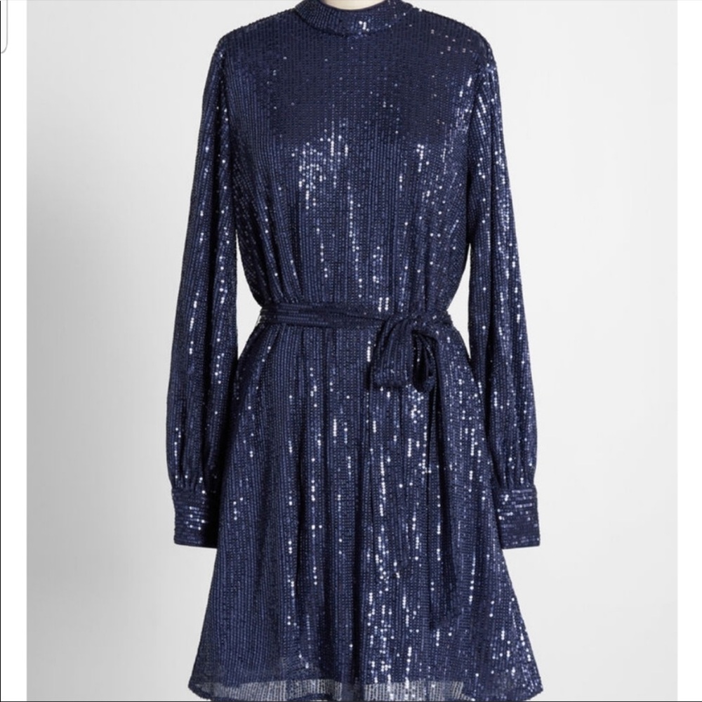 Navy sequined dress with belt